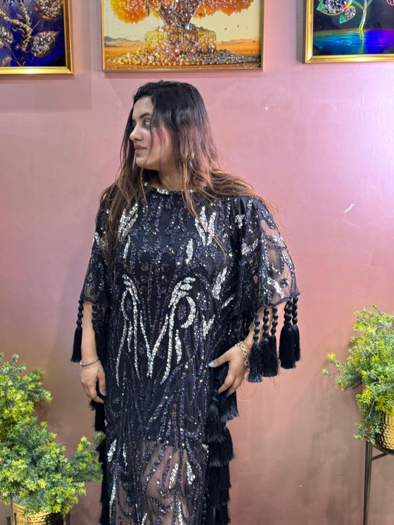 Winter Imported Black Sequence Tassle Gown - AV115